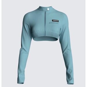 Finesse Womens Cropped Moto Zip Up Jacket Teal Blue Mock Neck Long Sleeve XS